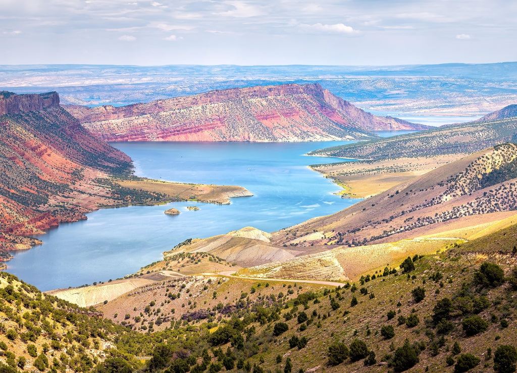 Panoramic view of Sheep Creek Overlook in Manila, Utah near Flaming Gorge National Park with clouds valley and river