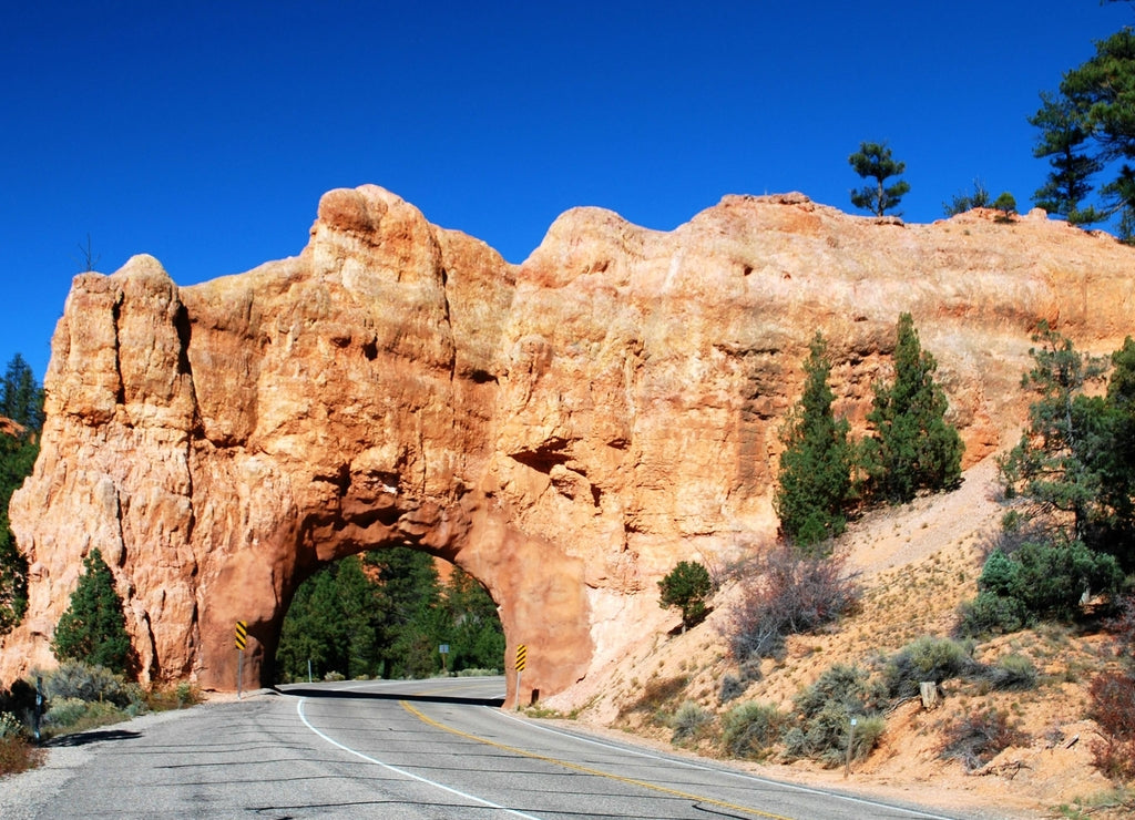 The road tunneled through a huge rock at Bryce Cayon Garfield County Utah