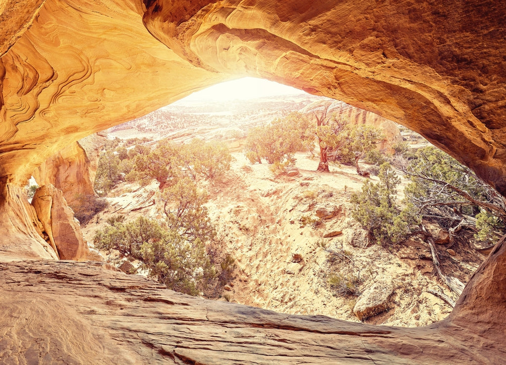 Wide angle lens picture of the Moonshine Arch at sunset, Vernal, Utah, USA