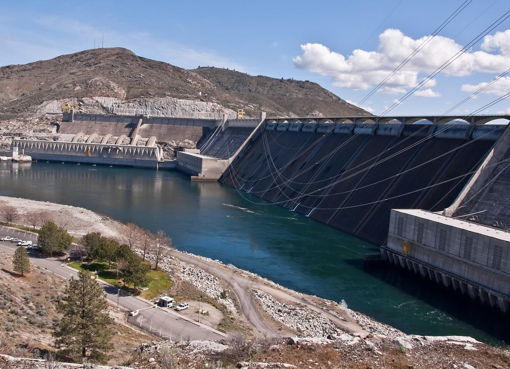 Landscape of Grand Coulee Dam in Washington State, one of the largest sources for hydro electric power on the Columbia River. Located in Douglas County, area is arid and dry in the daytime