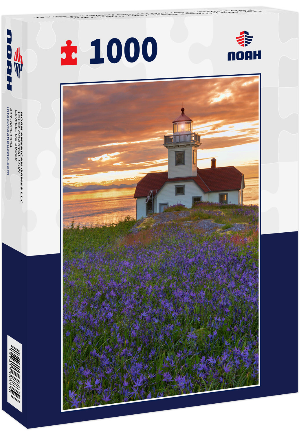 USA, Washington State, San Juan Islands. Patos Lighthouse and camas flowers at sunset
