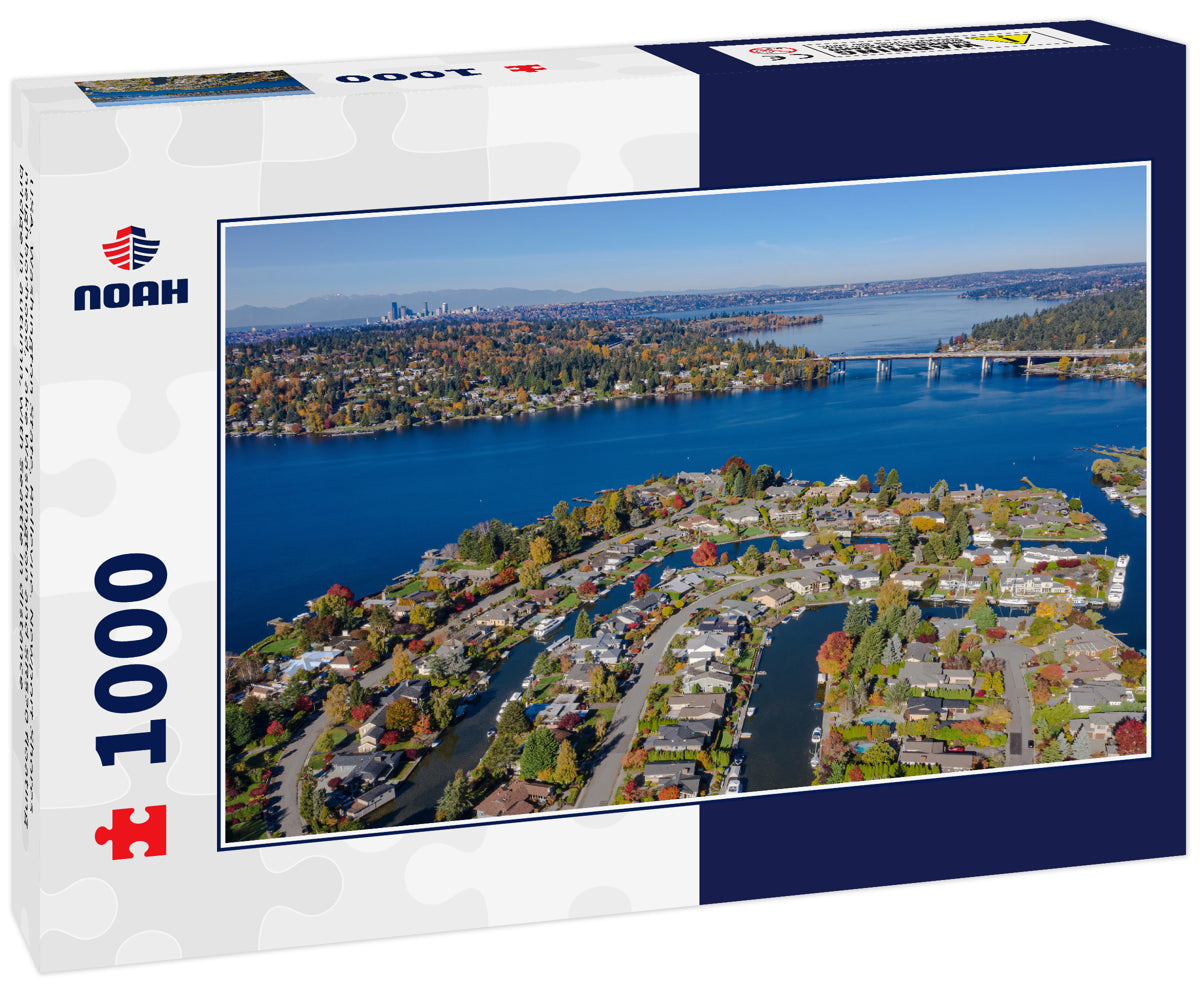 USA, Washington State, Bellevue. Newport Shores neighborhood, Lake Washington and SR520 floating bridge in autumn, with Seattle in distance