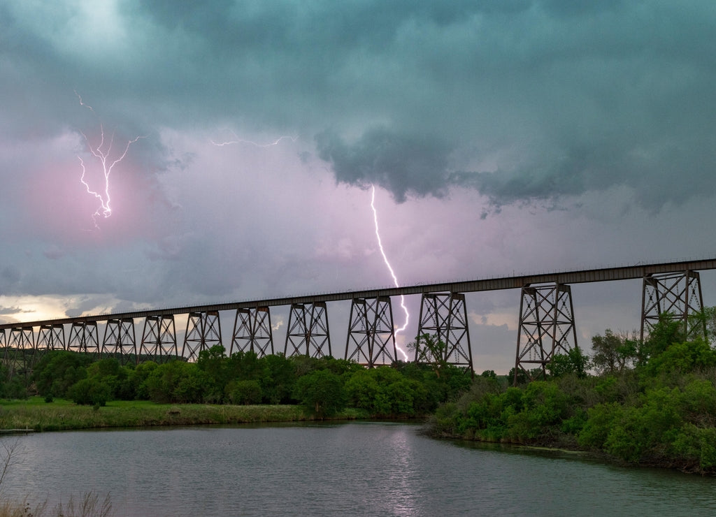Lightning and the Hi-Line Railroad Bridge over the Sheyenne River in Valley City, North Dakota, USA