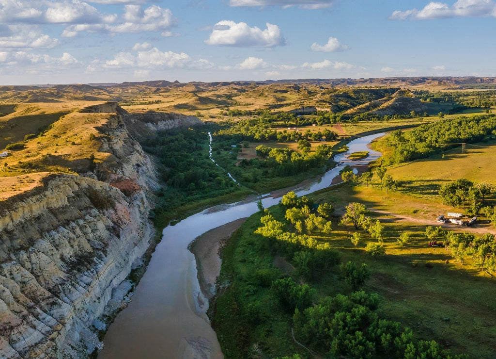 early morning view from Sully Creek State Park - Whitetail Flats Campground - Little Missouri River - near Medora and Theodore Roosevelt National Park - badlands