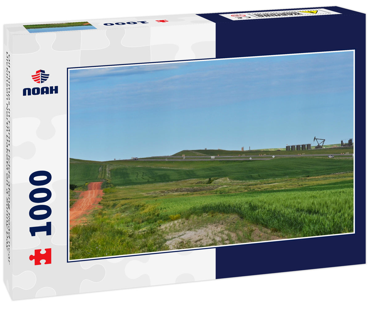 Oil Pumps in Farm Fields along Road near Dickinson North Dakota on a Sunny Day