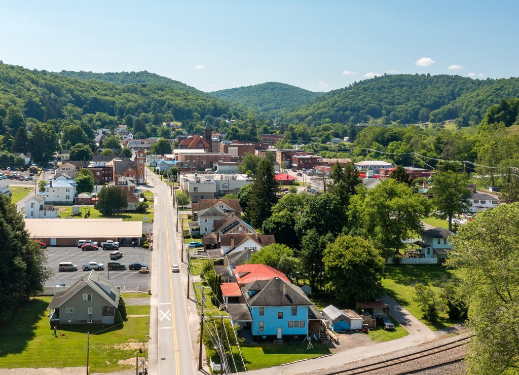 View over the railway towards the historic small town of Philippi in Barbour County in West Virginia