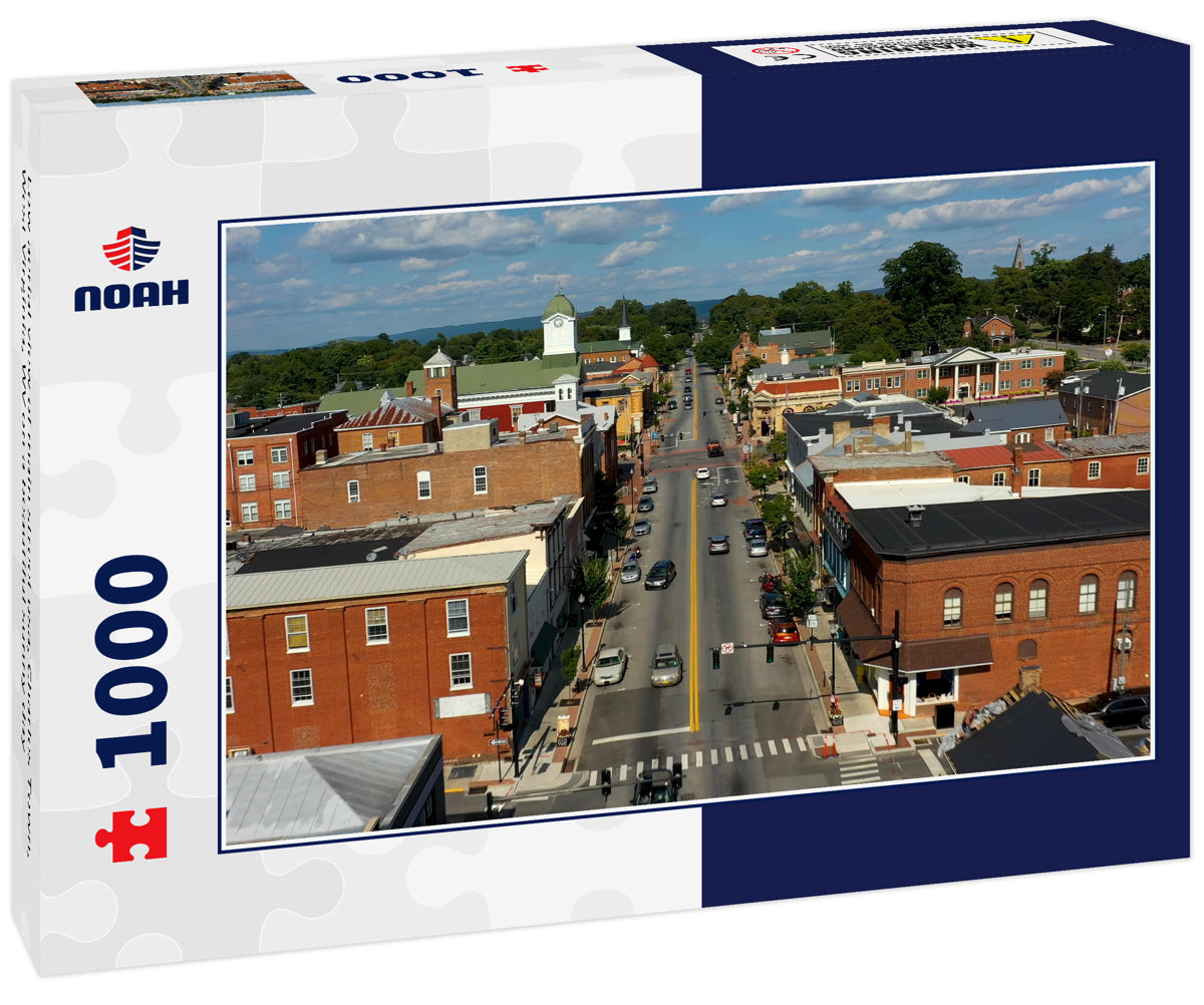 Low aerial view of main street usa, Charles Town, West Virginia, WV on a beautiful sunny day