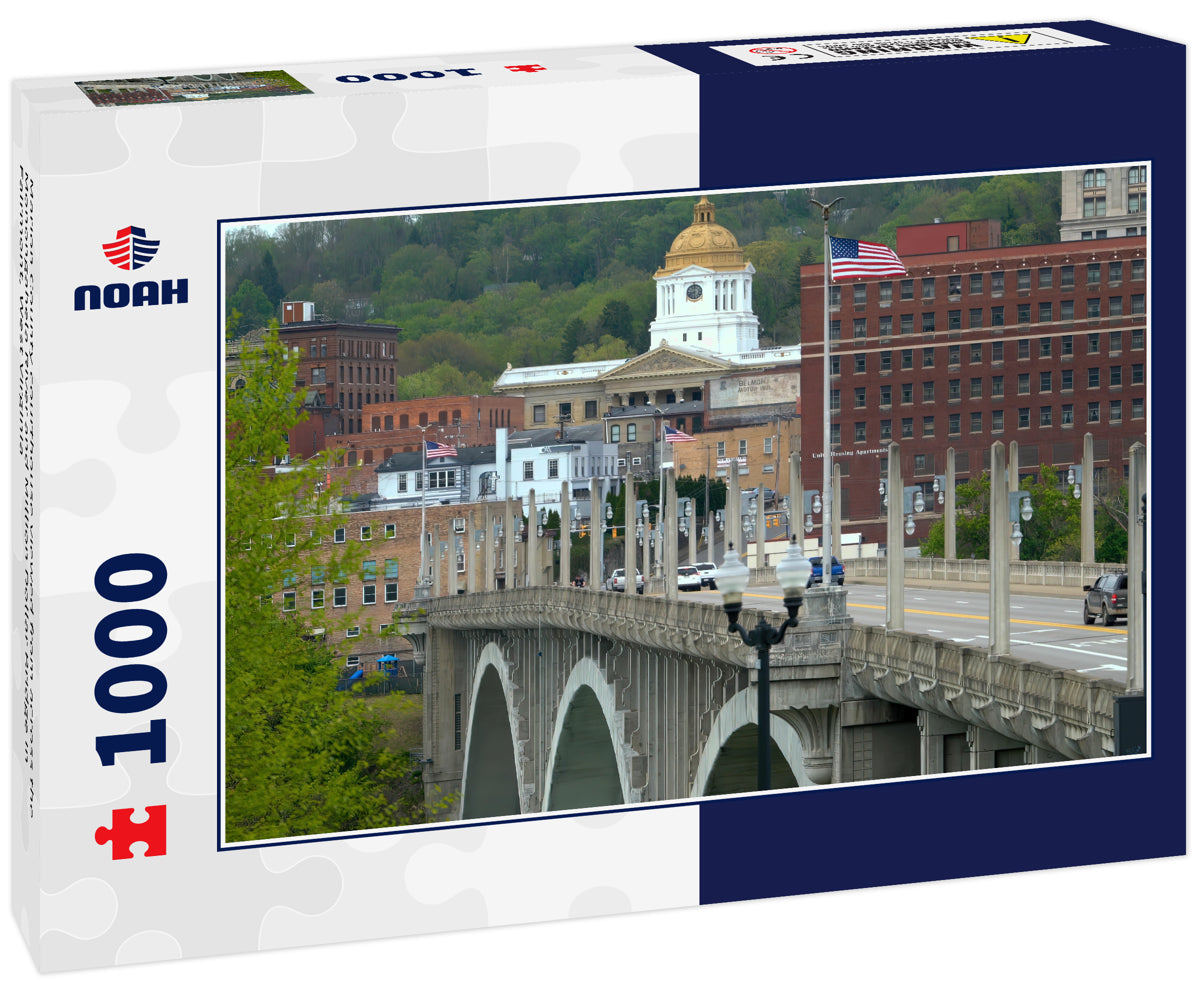 Marion County courthouse viewed from across the Monongahela River and Million Dollar Bridge in Fairmont, West Virginia