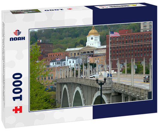 Marion County courthouse viewed from across the Monongahela River and Million Dollar Bridge in Fairmont, West Virginia