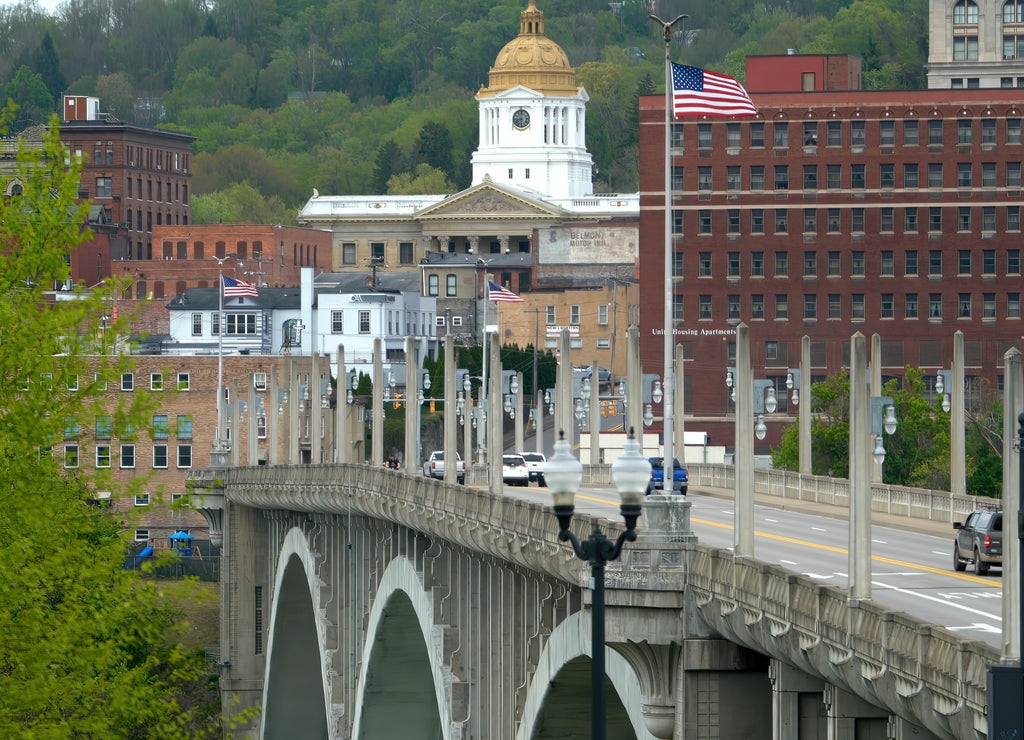 Marion County courthouse viewed from across the Monongahela River and Million Dollar Bridge in Fairmont, West Virginia