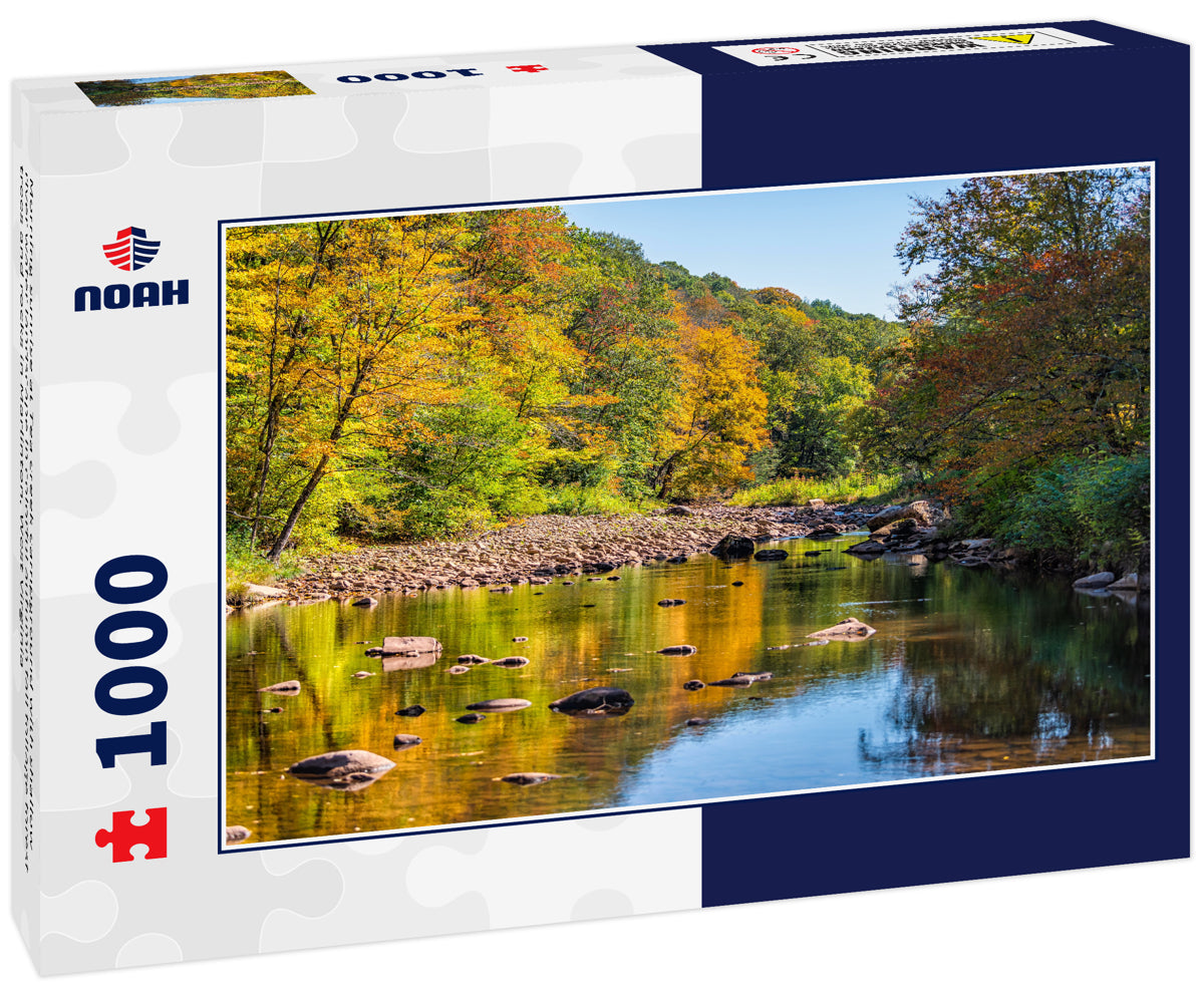 Morning sunrise at Tea creek campground with shallow river water landscape in colorful autumn fall foliage forest trees and rocks in Marlinton, West Virginia