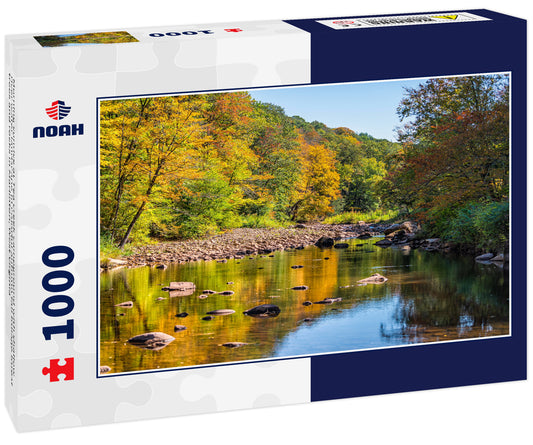 Morning sunrise at Tea creek campground with shallow river water landscape in colorful autumn fall foliage forest trees and rocks in Marlinton, West Virginia