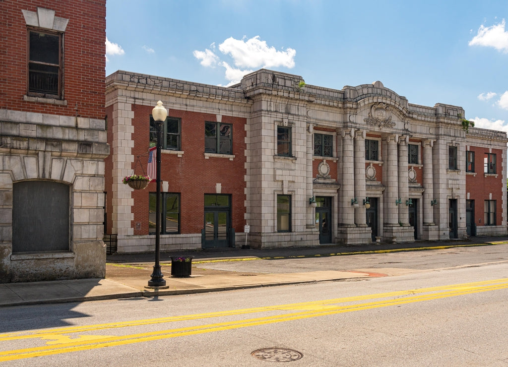 Abandoned building of the B and O railway station in Grafton West Virginia with the corner of the Willard Hotel