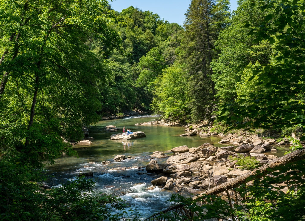 Visitors and families swim in the river at the Audra State Park near Buckhannon in West Virginia
