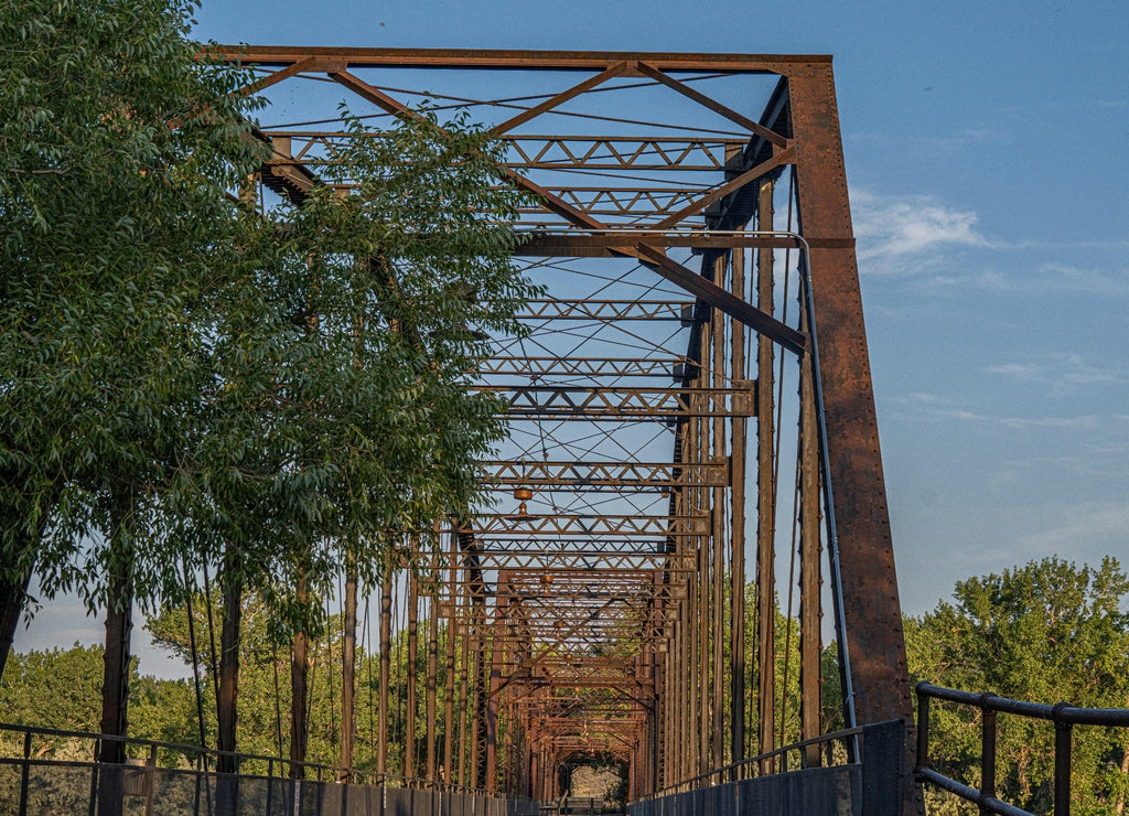 Fort Benton Historic 'Old Bridge' across the Missouri River in 'sleepy little river town' Fort Benton. Built in 1888. It has five pin-connected truss spans