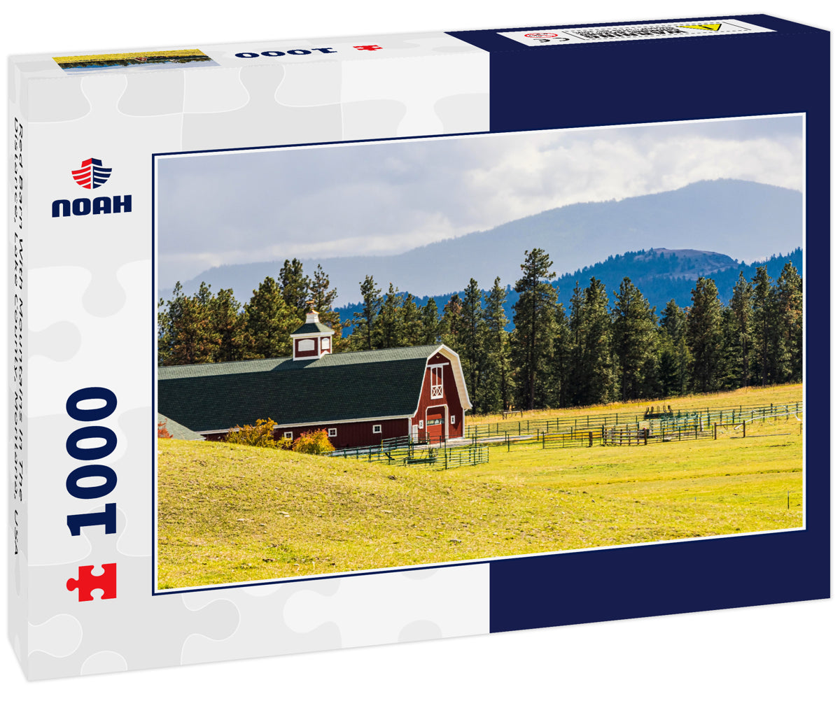 Red Barn With Mountains In The Distance, Lake County, Montana, USA
