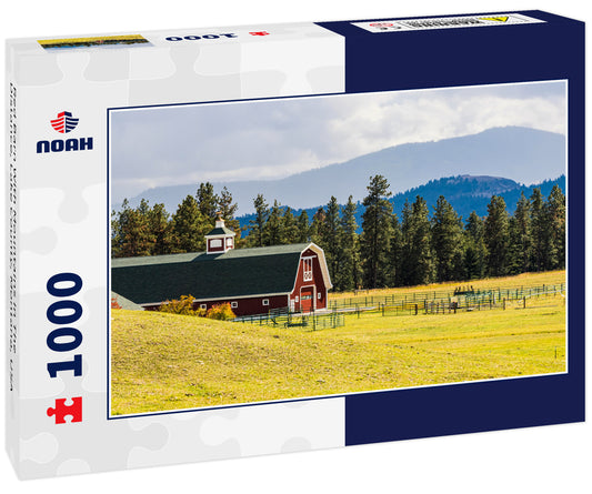 Red Barn With Mountains In The Distance, Lake County, Montana, USA