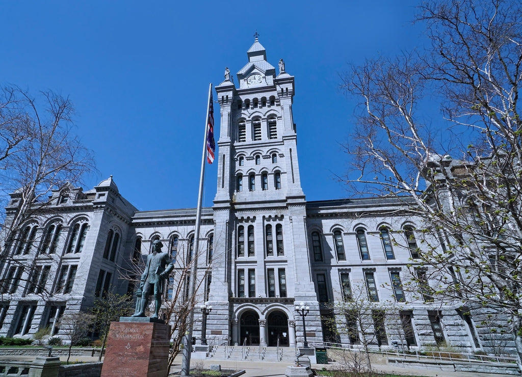 Statue of George Washington dressed as a Mason, in front of old Erie County Courthouse, built 1875