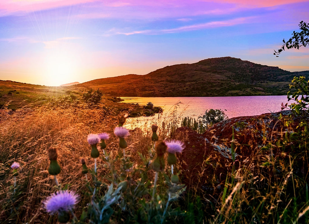Violet hour at sunset in the valley of Wichita Mountains Wildlife Refuge near Lawton, Oklahoma