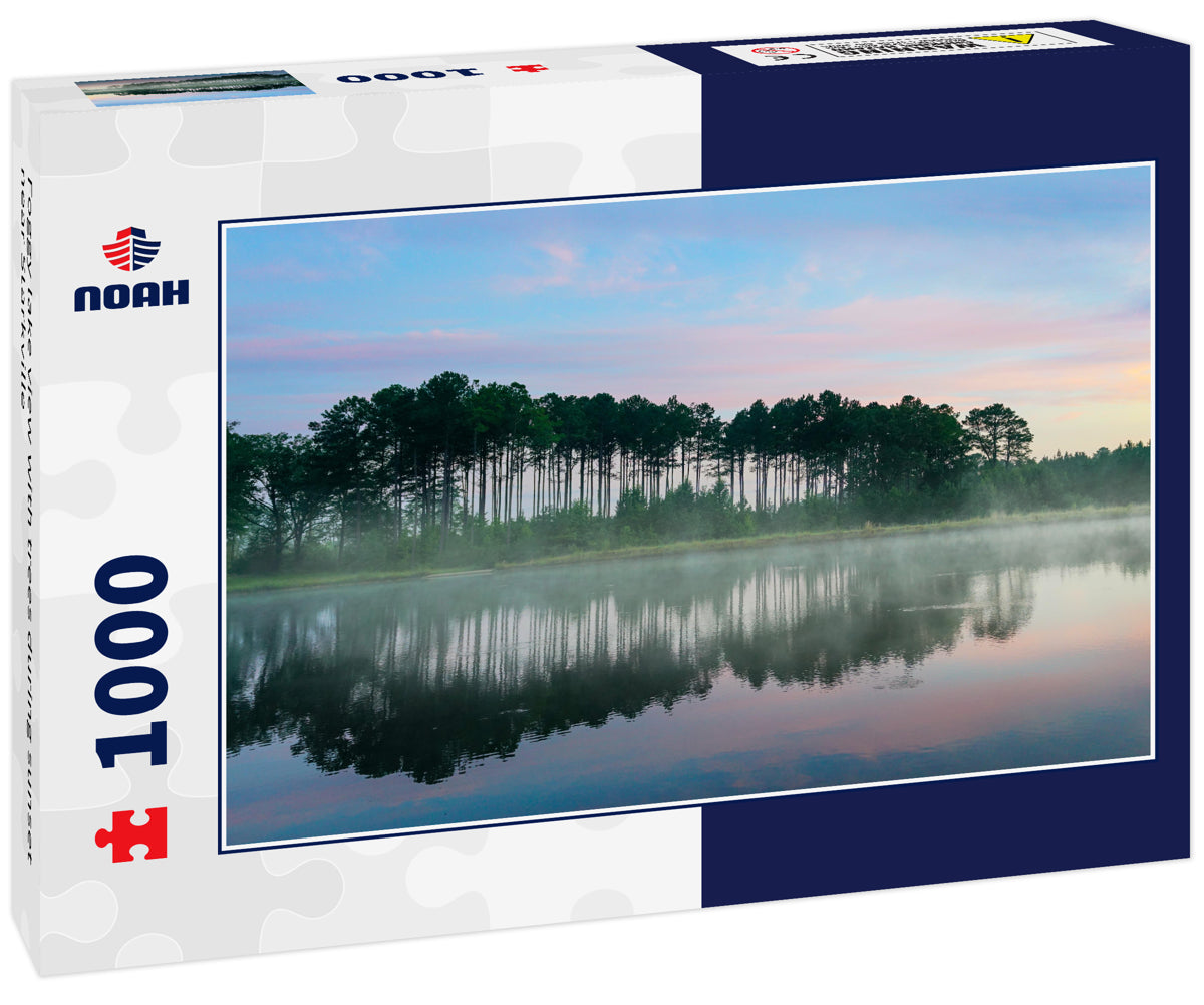 Foggy lake view with trees during sunset near Starkville