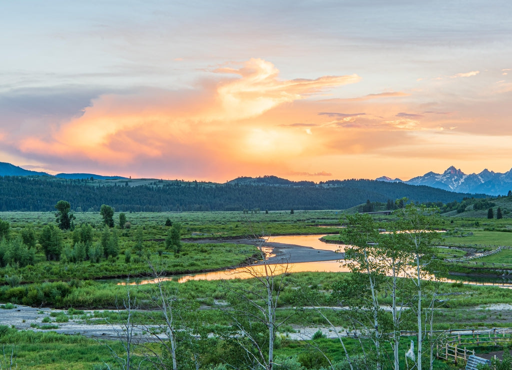 Buffalo Fork River Valley at Sunset with the Grand Teton Mountains in the Background