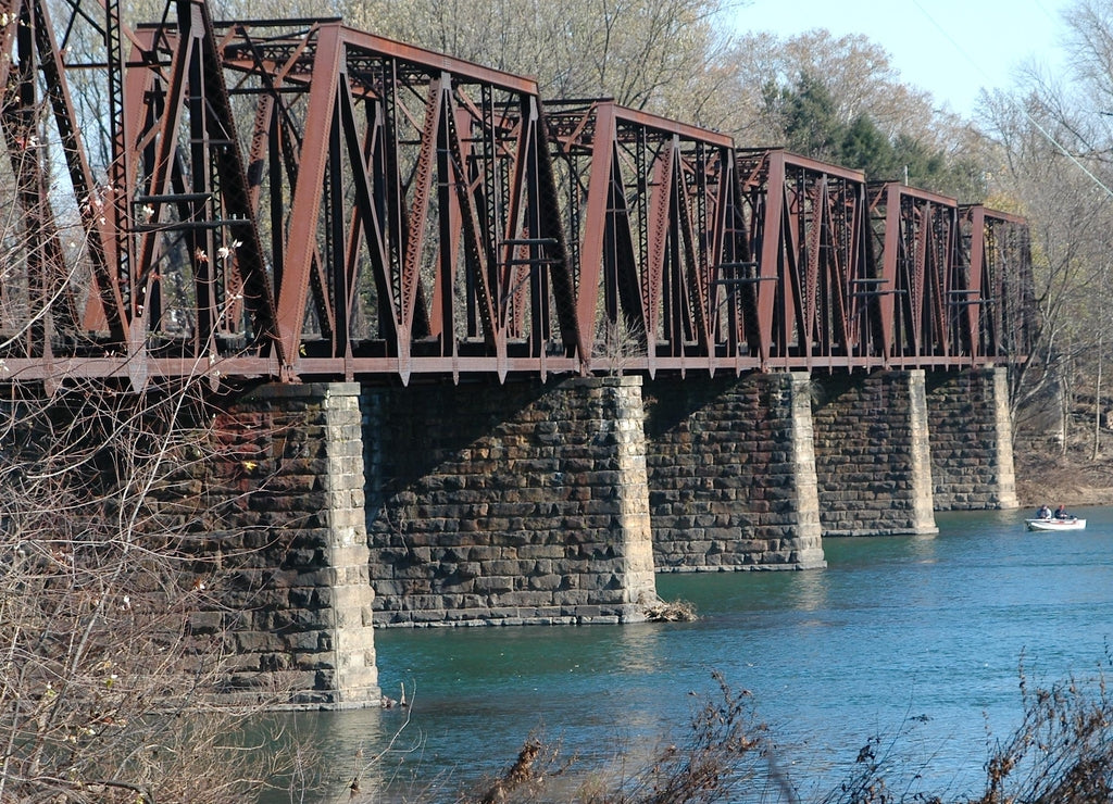 Abandoned steel trestle train bridge spans Susquehanna River near Lewisburg, Pennsylvania