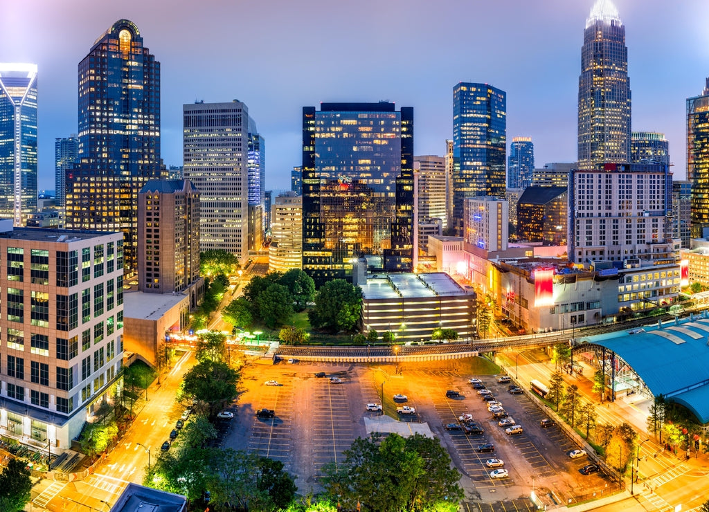 Aerial view of Charlotte, NC skyline on a foggy evening. Charlotte is the largest city in the state of North Carolina