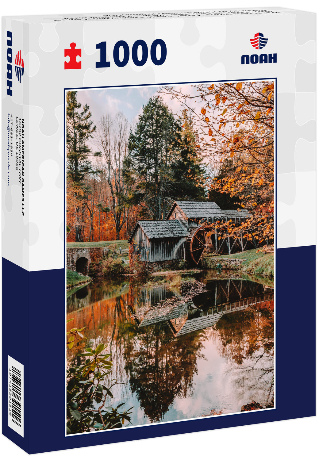 Water reflections of the beautiful Mabry Mill at sunset during the fall - Milepost 176 along the Blue Ridge Parkway in Floyd County, Virginia, USA