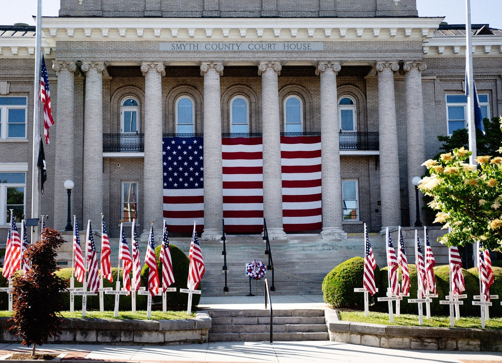 Smyth County Courthouse decorated for Memorial Day in Marion, Virginia