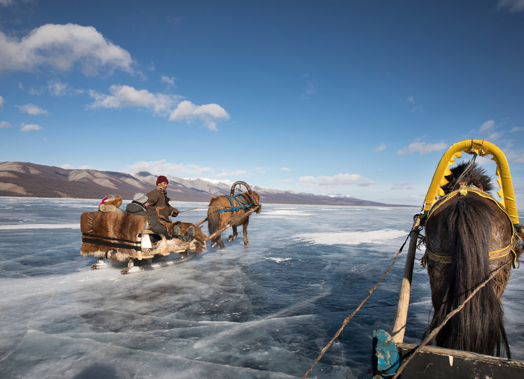 sledge ride on ice covered lake Khovsgol, Mongolia