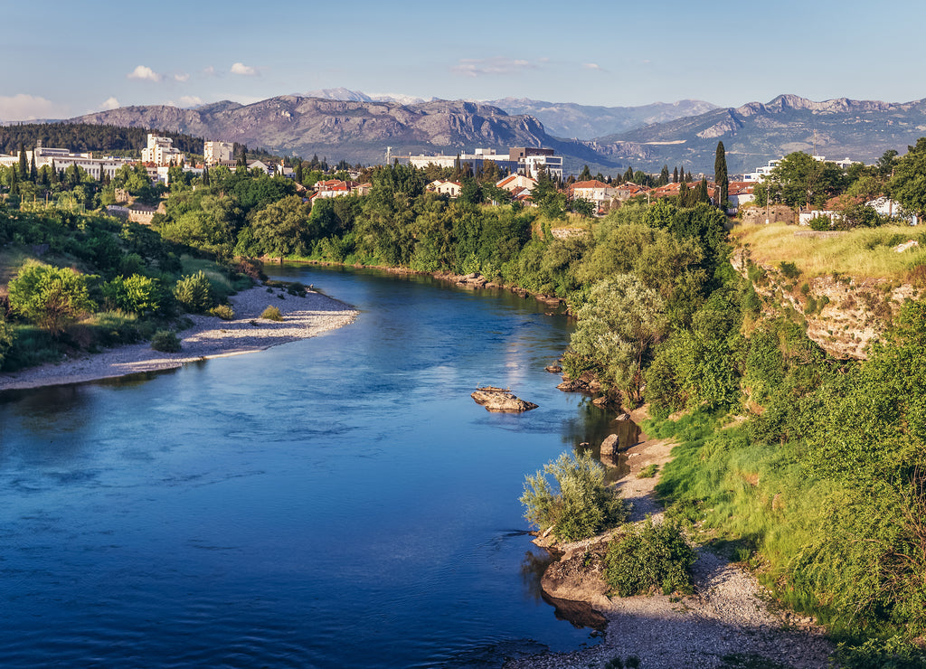 View on the river Moraca River in Podgorica city, Montenegro