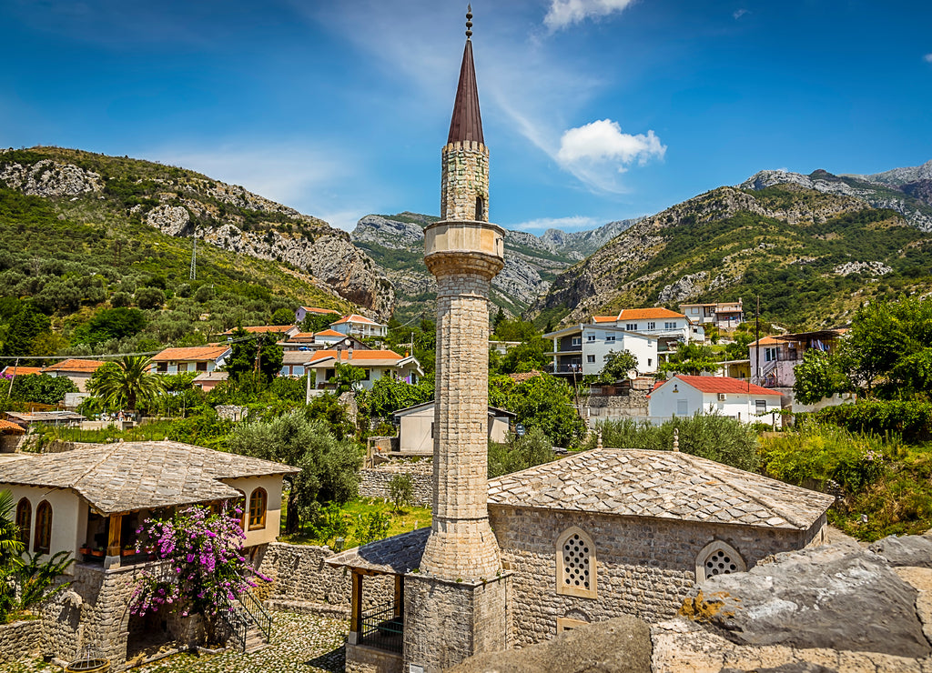 A view from the ramparts of the old fortress in Stari Bar, Montenegro of the clock tower and the surrounding village