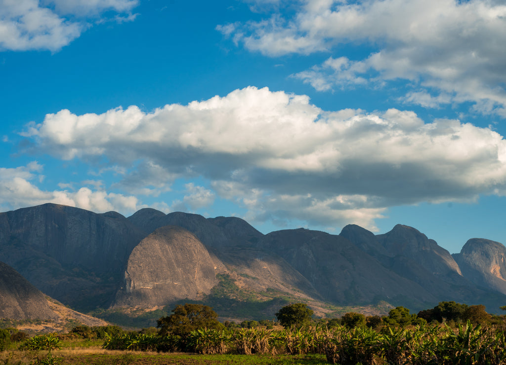 A mountain range rises up over lush green vegetation in Mozambique, Africa