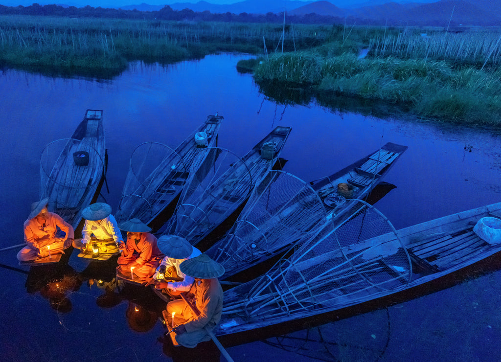 Intha fishermen working in the morning. Location of Inle lake, Myanmar