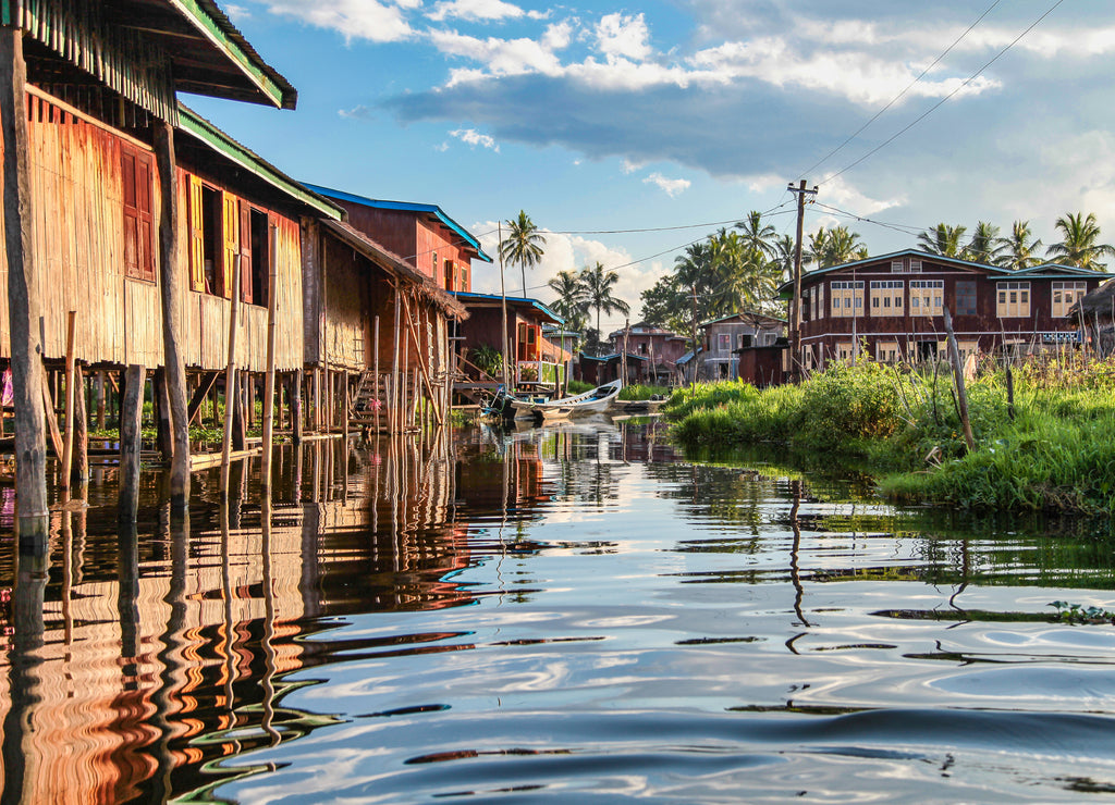 Wooden floating houses on Inle Lake in Shan, Myanmar, former Burma