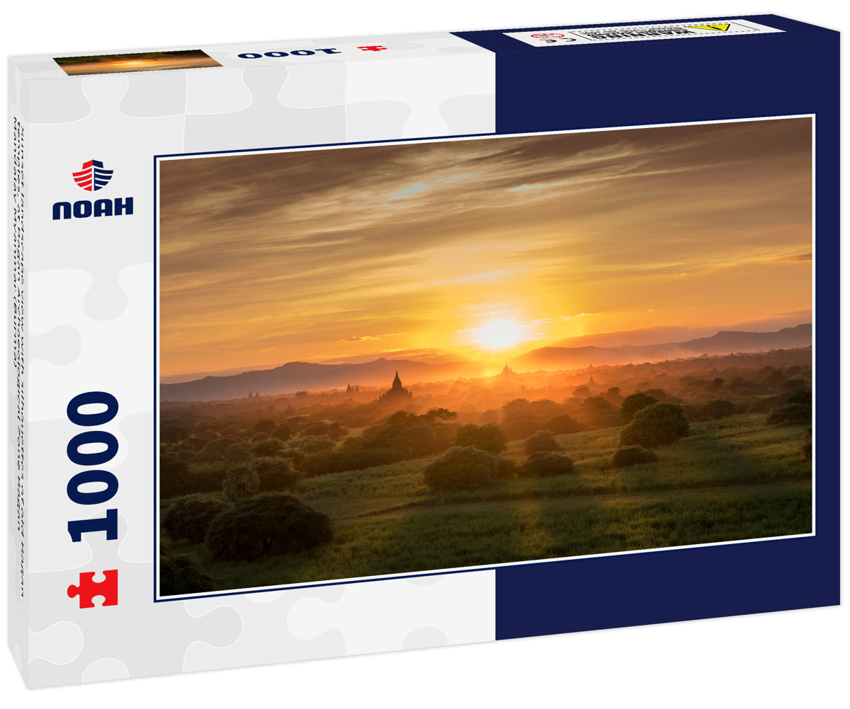 Sunset landscape view with silhouettes of old Bagan temples, at Bagan Archaeological Zone Bagan Mandalay Myanmar (Burma)