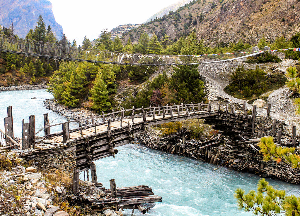 Wooden footbridge on the annapurna circuit, Nepal