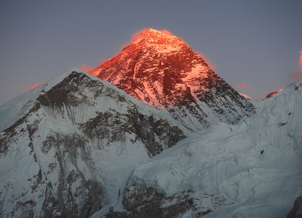 Everest. Red rays of the sun. Mountain landscape. Nepal
