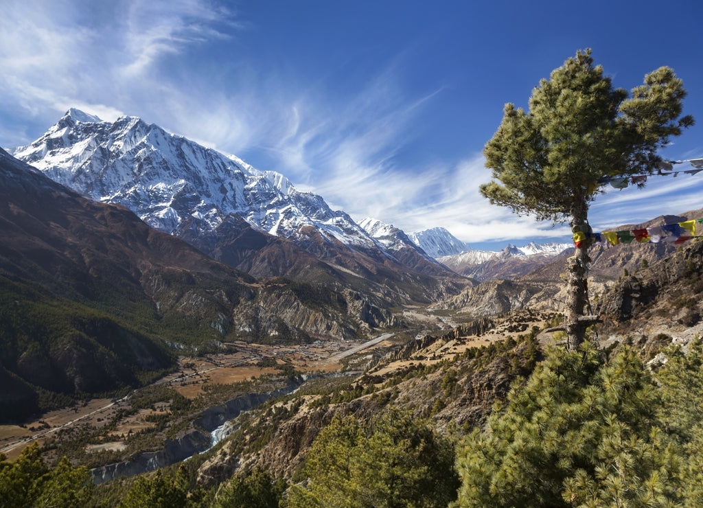 Annapurna Mountain Range Landscape View from trekking route between Pisang and Manang Villages in Nepal Himalaya Mountains
