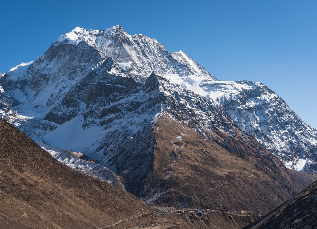 Samdo peak behind Samdo village in Manaslu circuit trek, Himalaya mountain range in Nepal