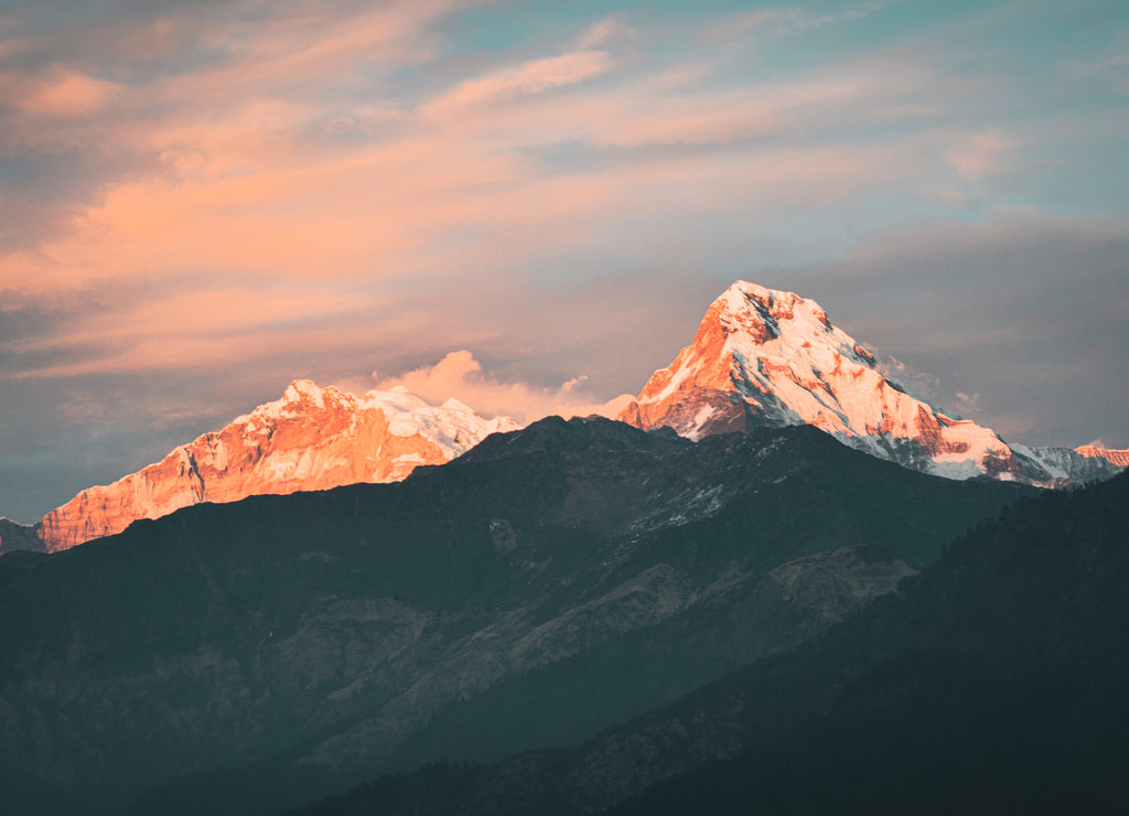 Beautiful cinematic scenery of the Annapurna mountain range in Nepal as seen from Ghorepani Poonhill