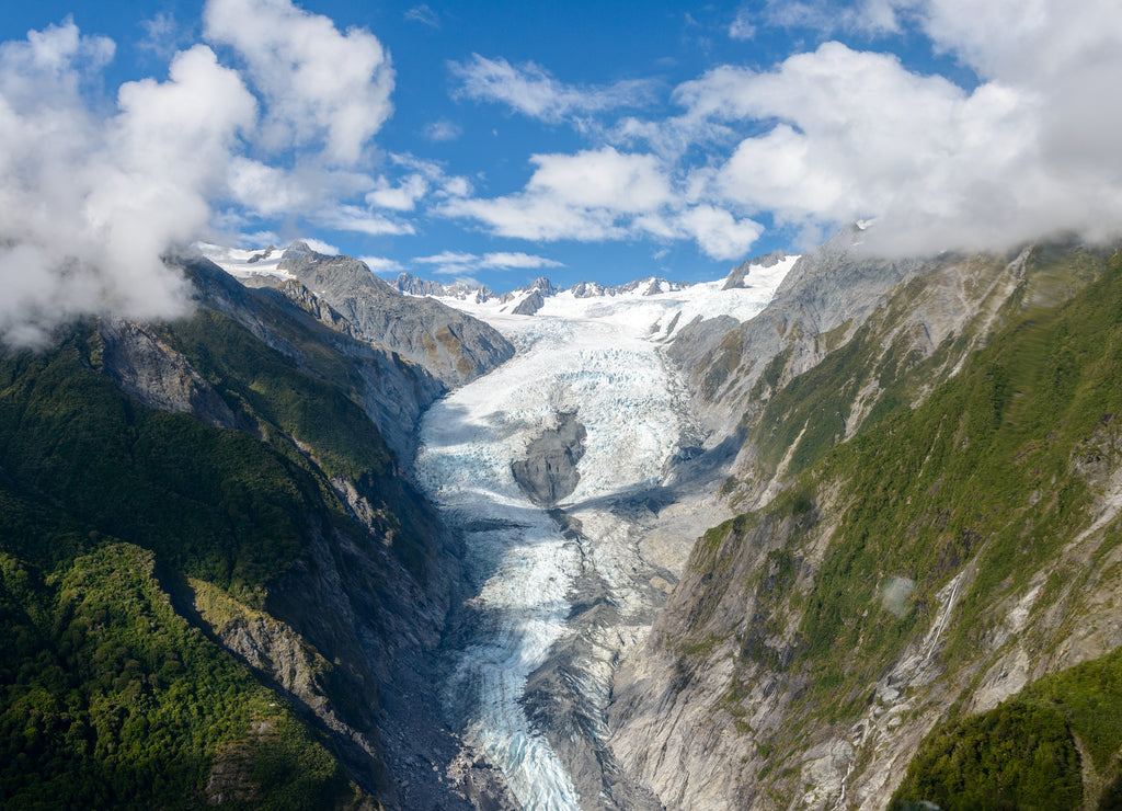 Aerial view of Fox Glacier on the west coast of New Zealand