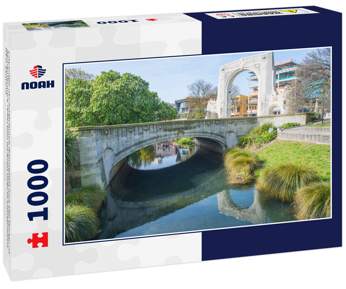 Cityscape of Christchurch downtown and The Bridge of Remembrance reflection on Avon river in Christchurch, New Zealand