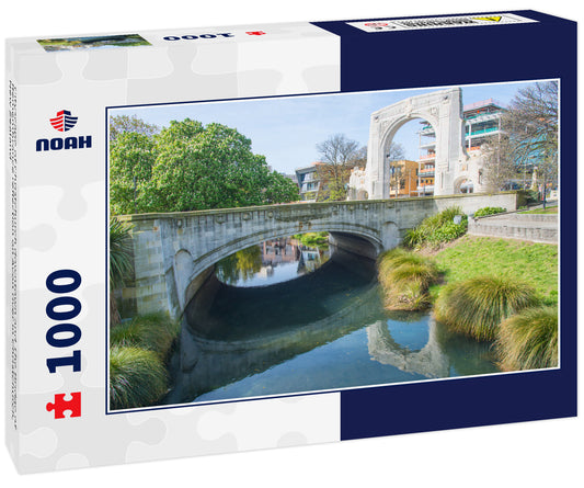 Cityscape of Christchurch downtown and The Bridge of Remembrance reflection on Avon river in Christchurch, New Zealand