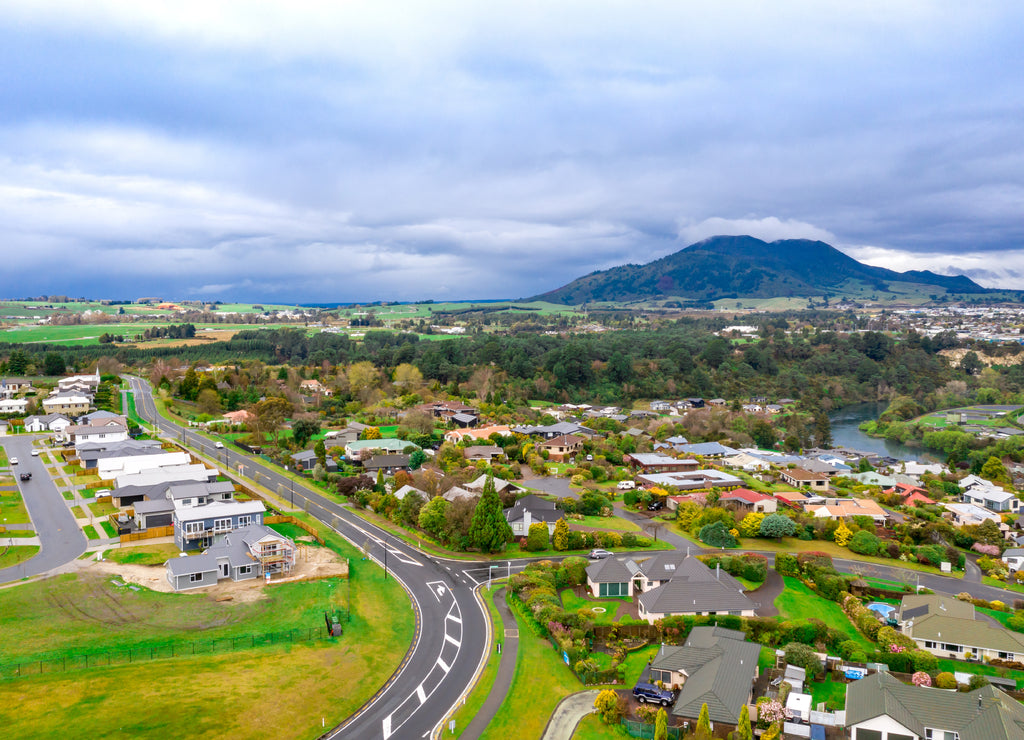 Sunset aerial view of lake Taupo and city New Zeland