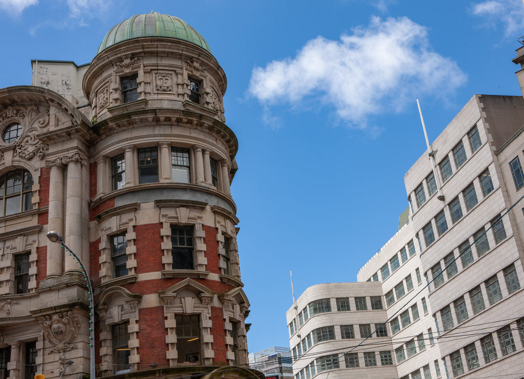 Wellington New Zealand. Old Victorian building in contrast with modern architecture buildings