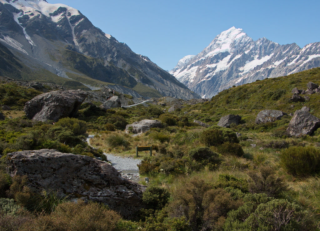 Landscape on Hooker Valley Track in Mount Cook National Park on South Island of New Zealand