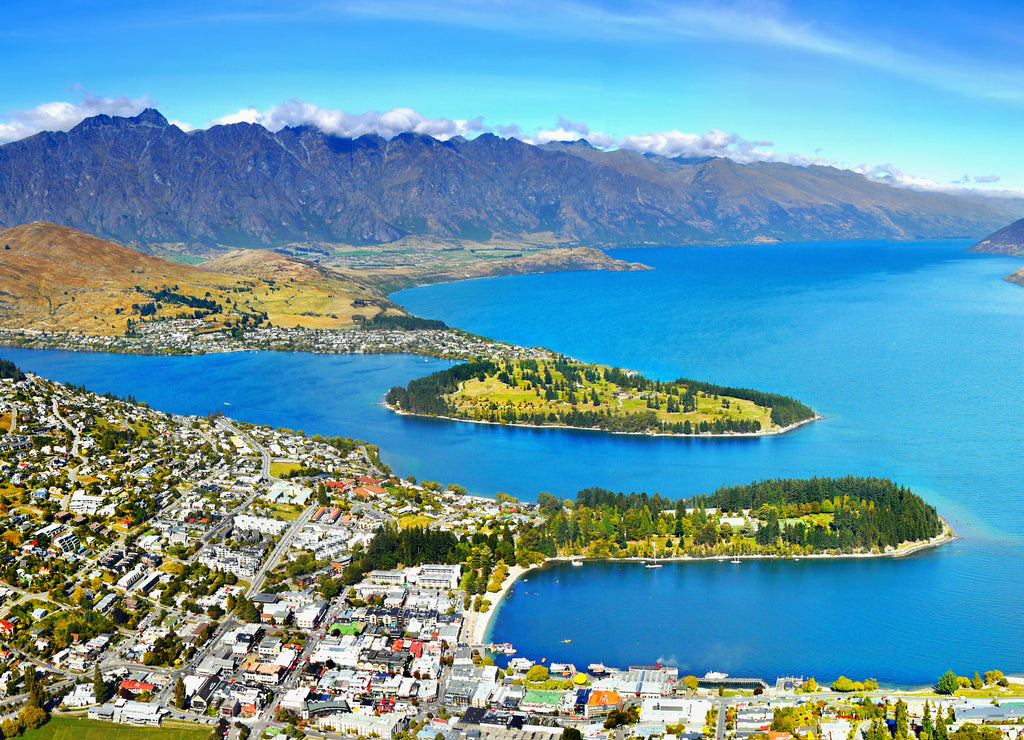 Scenic aerial view on lake and mountains Queenstown New Zealand