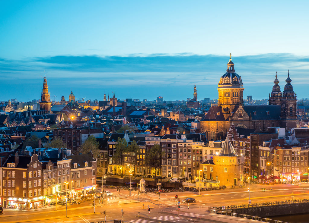Amsterdam skyline in night, Amsterdam, Netherlands