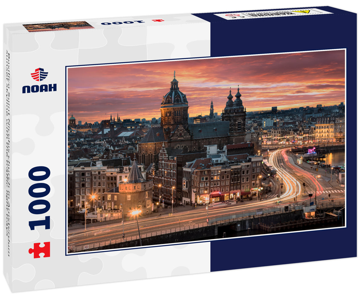 Basilica Saint Nicolas church in Amsterdam sunset skyline with the traffic light trays